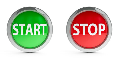 Web buttons start & stop isolated on white background, three-dimensional rendering, 3D illustration