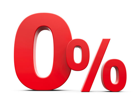 Red zero percent sign isolated on white background, three-dimensional rendering, 3D illustration