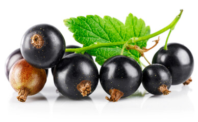 Berries black currant with green leaf. Fresh fruit, isolated on white background.