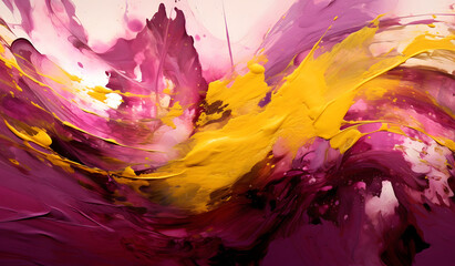An expressive abstract painting with bold splashes of magenta and gold, blending into a vibrant backdrop that suggests both energy and passion