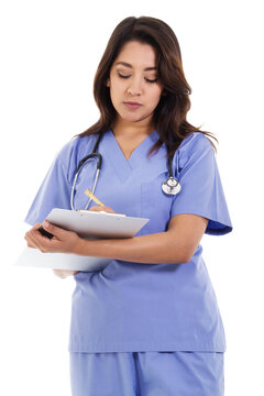 Stock image of female nurse writing on patient chart isolated on white background