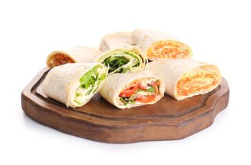 Wooden board of tasty lavash rolls with vegetables isolated on white background