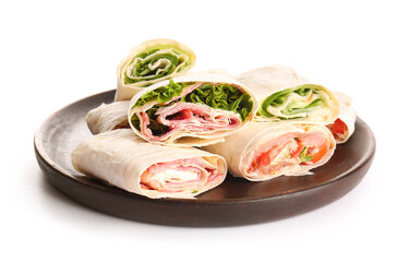 Plate of tasty lavash rolls with fish and sausages isolated on white background
