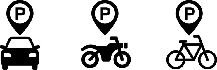 道路標識　車や二輪の駐車場のアイコン　セット