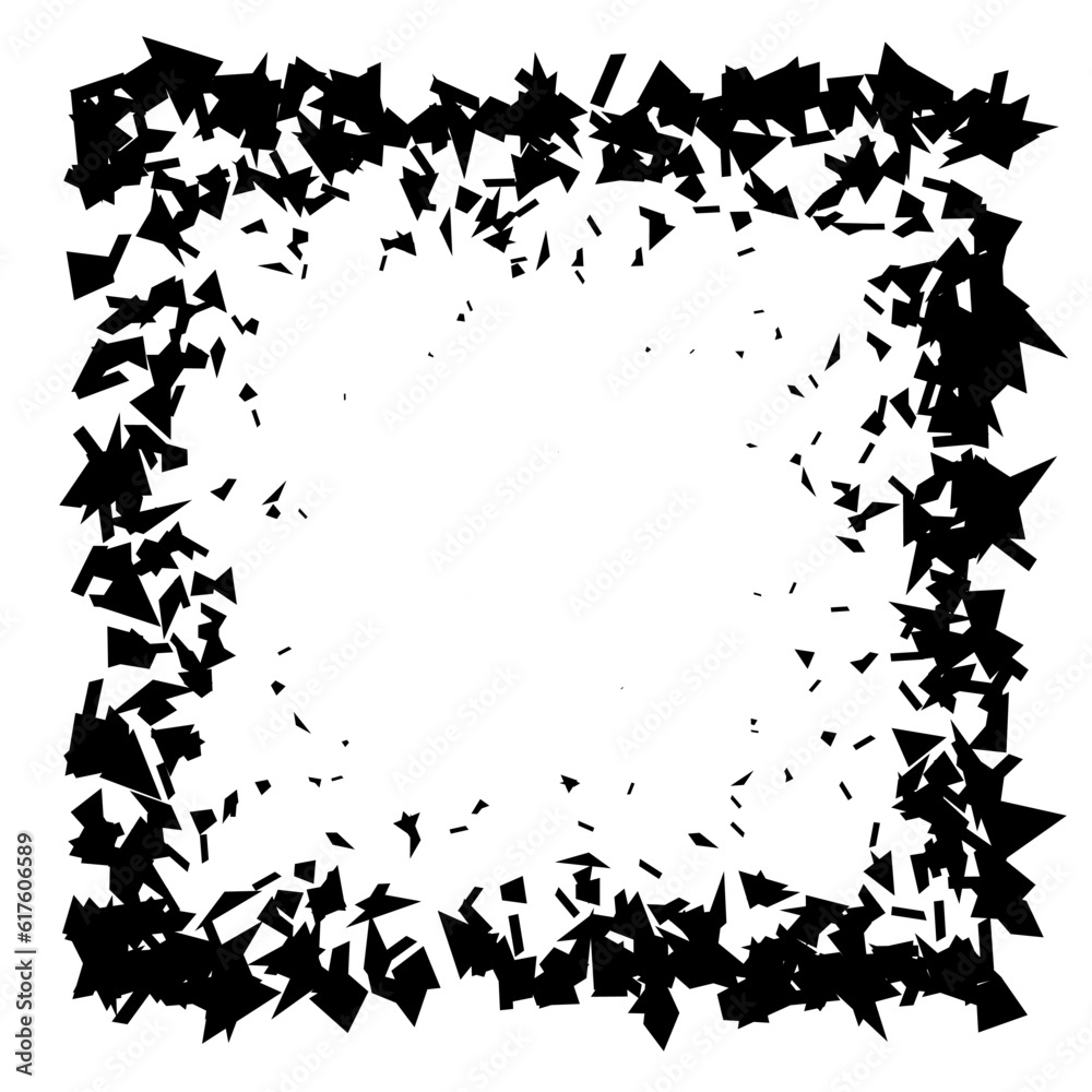 Poster Debris and shatters in square shape. Black broken pieces, specks, speckles and particles. Abstract explosion and burst textured rectangular element. Vector frame illustration 