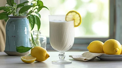 Fototapeten delicious milk shake glass with fresh sliced lemon © medienvirus
