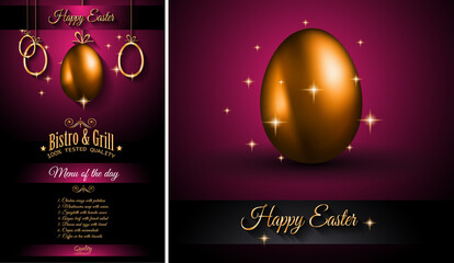 Restaurant Menu template for 2017 Easter celebration with a Golden egg and metal effect lettering. Also ideal for flyers, banners, depliant, invitation and generic seasonal wallpapers