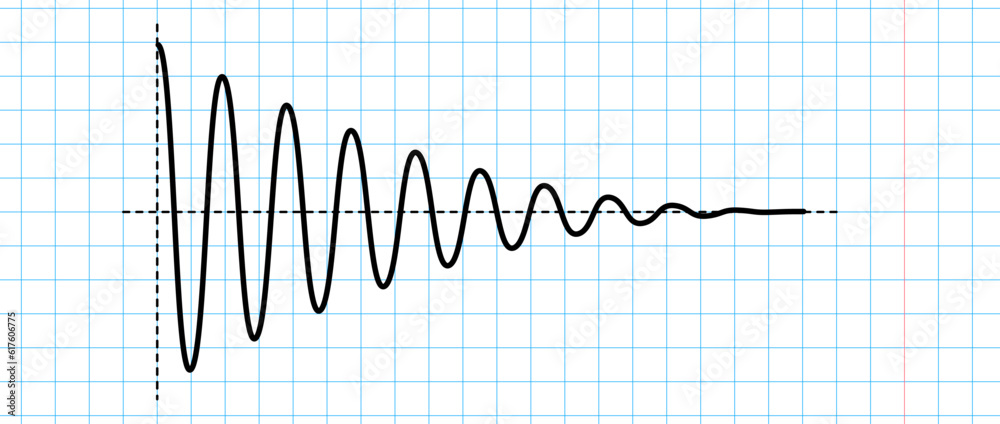 Poster Sinusoid fading signal on blue grid paper. Black curve sound wave on checkered paper. Voice or music audio concept. Pulse line in school notebook. Fading out electronic radio graphic. Vector