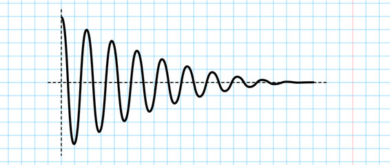 Sinusoid fading signal on blue grid paper. Black curve sound wave on checkered paper. Voice or music audio concept. Pulse line in school notebook. Fading out electronic radio graphic. Vector