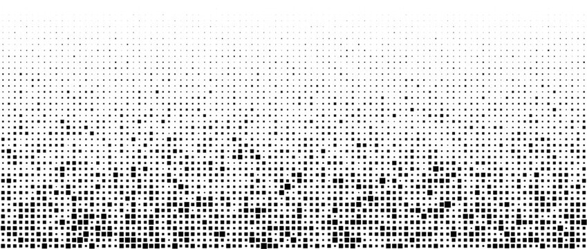 Halftone pixelated gradient background. Faded square particles texture. Dissolving grunge noise wallpaper. Black dots, speckles, pixels wallpaper. Horizontal gritty vector backdrop