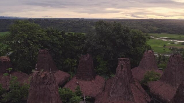 Reveal shot of Kampung Situs Yarro Wora at Sumba Indonesia during sunrise, aerial
