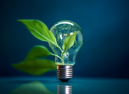Ecology Creative idea light bulb with leaves on green background with copy space