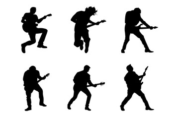 Silhouettes collection of male Rock musician guitarist playing electric  guitar. Vector illustration design.