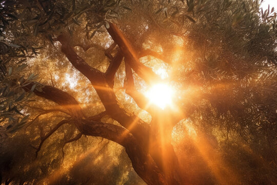 Sun shining through the old big olive tree, Generative AI