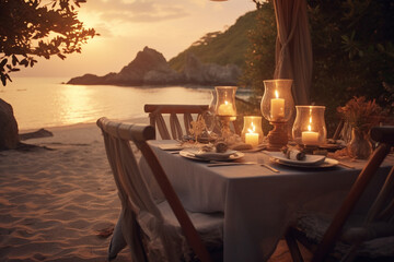 Romantic dinner table is beautifully arranged beside beach, embracing the enchanting ambiance of sunset twilight, creating a perfect setting for unforgettable evening. Generative AI.