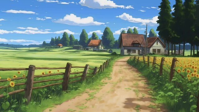 anime of countryside farm with sunflower field