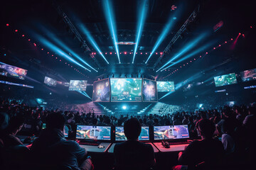 esports arena, filled with cheering fans and colorful LED lights. Players compete on a large stage in front of a massive screen displaying the game, generative AI