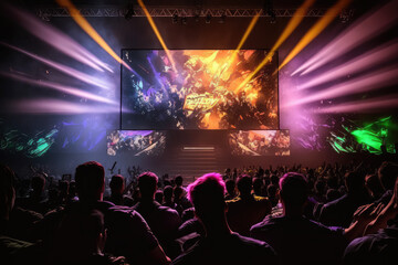Fototapeta na wymiar esports arena, filled with cheering fans and colorful LED lights. Players compete on a large stage in front of a massive screen displaying the game, generative AI