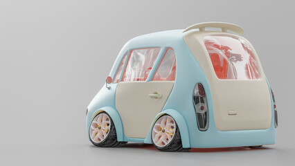 Cute blue car back view on gray background. Designed in concept of energy-saving, Eco car vehicles or small electric car. Space on the side for text entry. 3D render.