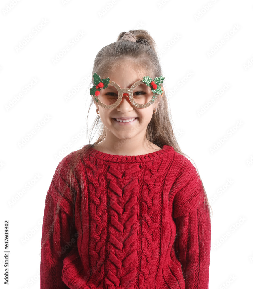 Sticker cute little girl in paper eyeglasses and knitted sweater on white background