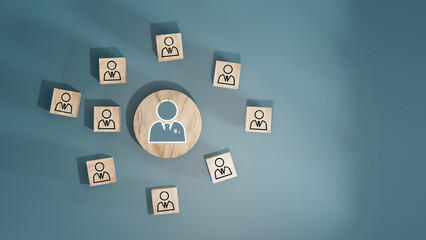 Naklejka premium Wooden cube block print screen person icon which link connection network for organisation structure social network and teamwork concept.