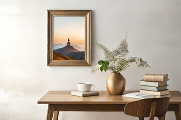 Fototapeta na wymiar interior designs with table, lamp, frame and books with vase of flowers Generative Ai