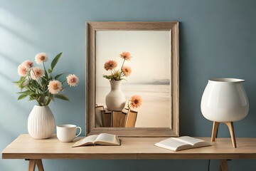  interior designs with table, lamp, frame and books with vase of flowers Generative Ai