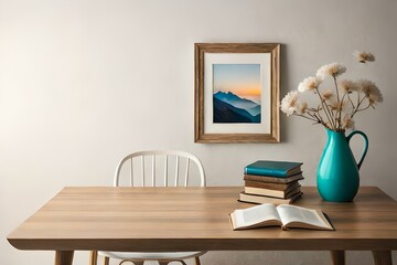  interior designs with table, lamp, and books with vase of flowers Generative Ai