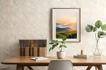  interior designs with table, lamp, and books with vase of flowers Generative Ai