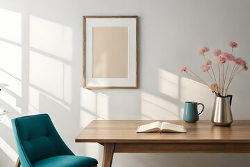  interior designs with table, lamp, and books with vase of flowers Generative Ai