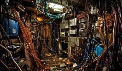 A mess of wires, chaotic computer network cable room - obrazy, fototapety, plakaty