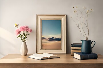 Fototapeta na wymiar interior designs with table, lamp, and books with vase of flowers Generative Ai