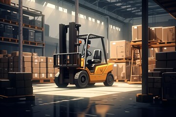 forklift drives along the industrial warehouse realistic, stacks of moving boxes light and dark tones, Streamline Pallet and Box Loading Process, illustrations Generative AI