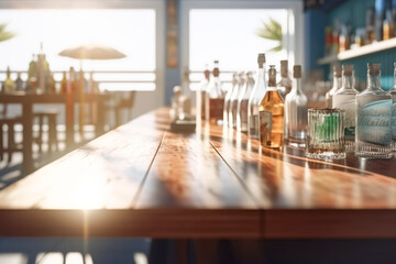 Bar counter with various drinks by pool or on beach, a glass with a drink, blurred background of the pool, bright daytime sun