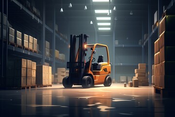 forklift drives along the industrial warehouse realistic, stacks of moving boxes light and dark tones, Streamline Pallet and Box Loading Process, illustrations Generative AI - obrazy, fototapety, plakaty