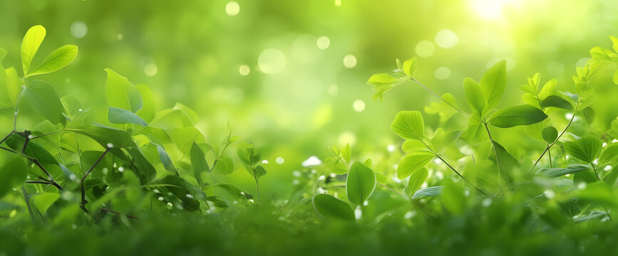 Natural macro leaf bokeh texture, panoramic springtime Fresh young grass in nature in the rays of sunlight with beautiful sparkling bokeh leaves banner