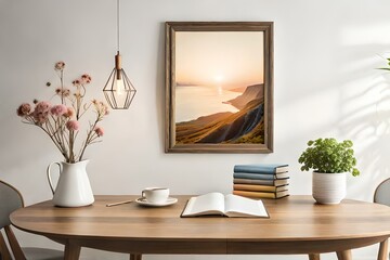 interior designs with table, lamp, and books with vase of flowers Generative Ai