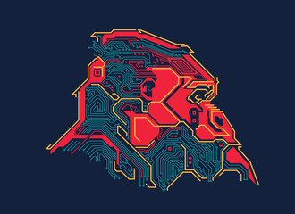 graphic of gorilla head combined with electronic board pattern © Jackie Niam