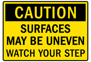Slip and trip hazard sign and labels surfaces may be uneven, watch your step