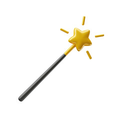 Black magic wand with golden star and sparkles 3d realistic style rendering. Magician, wizard, fairy, princess accessory vector illustration isolated on white background