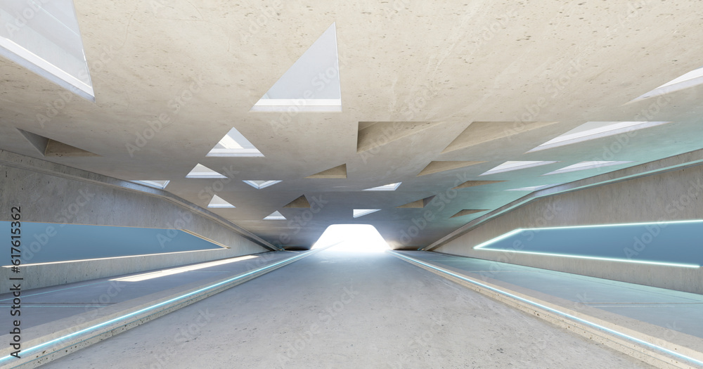 Poster 3d empty concrete floor and roof interior architecture with triangular element design