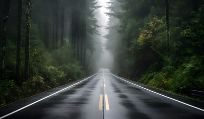 Fototapeta premium A dark empty two-lane quiet foggy road