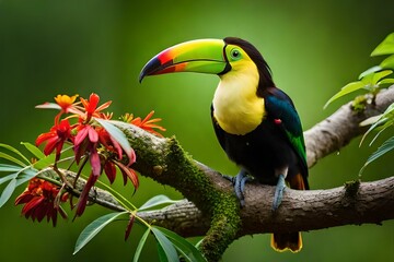 Keel-billed Toucan sitting on branch of  tree generated by AI tool