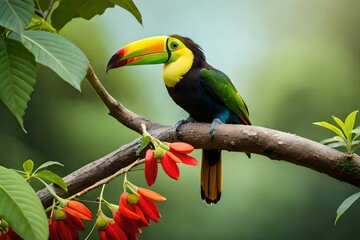 Keel-billed Toucan sitting on branch of  tree generated by AI tool