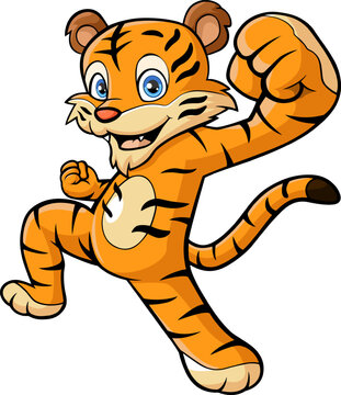 Cute tiger cartoon posing on white background