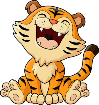 Cute tiger cartoon laughing on white background