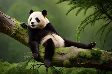 Lazy panda sleeping on tree branch generated by AI tool