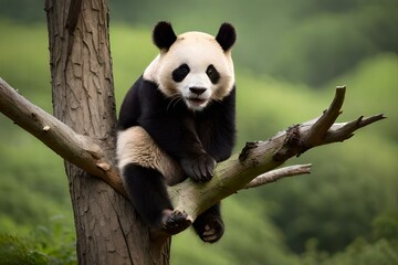 Obraz premium Lazy panda sitting on tree branch generated by AI tool