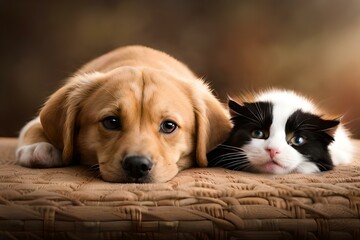 innocent puppy and kittens sleeping generated by AI tool