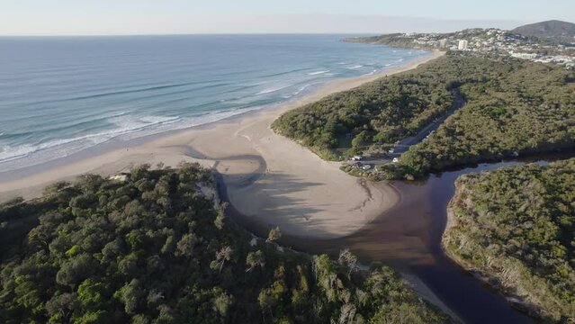 Stumers Creek Park And Scenic Coolum Beach On A Sunny Day In Sunshine Coast, Queensland, Australia. - aerial